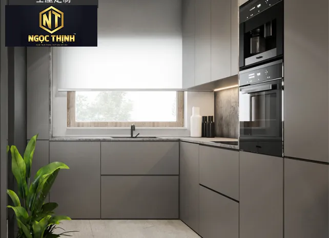 Xưởng Nội Thất Ngọc Thịnh Bến Cam - Tủ bếp gỗ công nghiệp chứ L màu xám - TBNT09